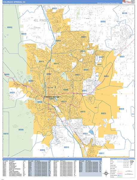 Colorado Springs City Wall Map Basic Style
